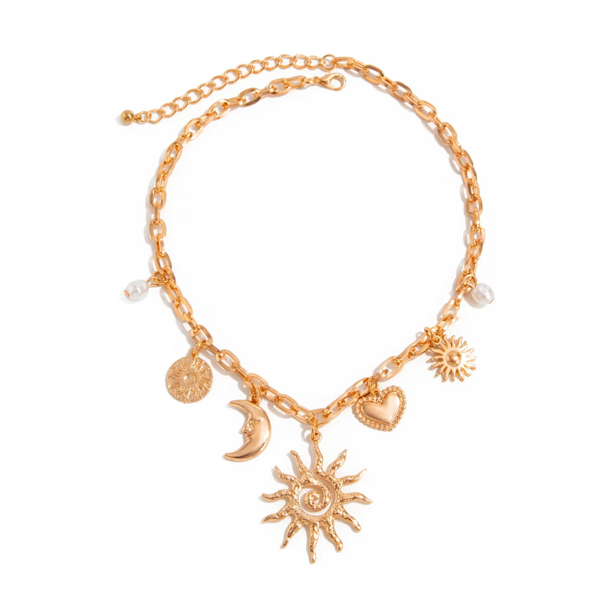 Vintage Sun & Moon Heart Pendant Choker – Elegant Pearl Layered Necklace for Women 2025