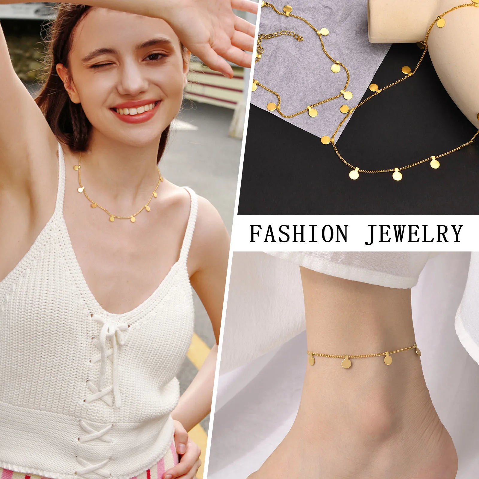 Gold Coin Disc Necklace for Women – Delicate Multi-Pendant Stainless Steel Chain