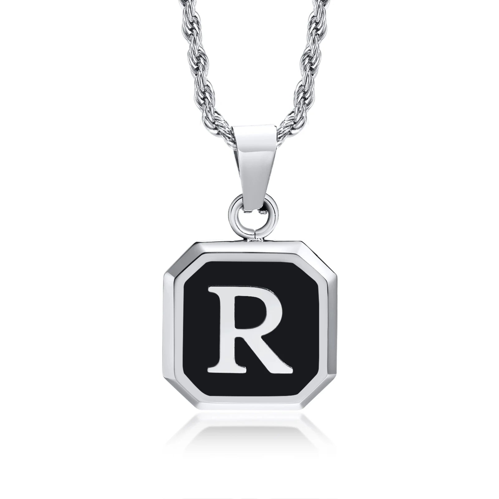 Black Initial Letter Pendant Necklace – A-Z Stainless Steel Square Pendant with Rope Chain