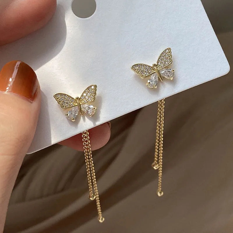 Women’s Butterfly Tassel Drop Earrings – Rhinestone Two-Way Wear Romantic Jewelry