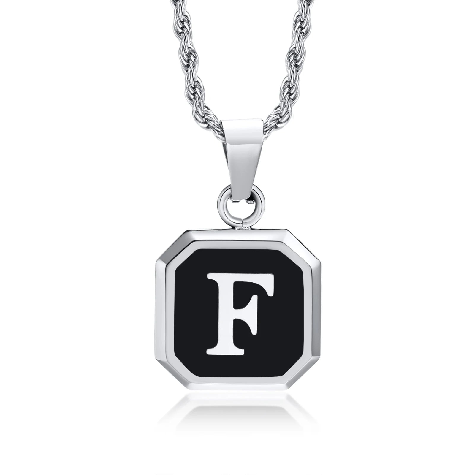 Black Initial Letter Pendant Necklace – A-Z Stainless Steel Square Pendant with Rope Chain