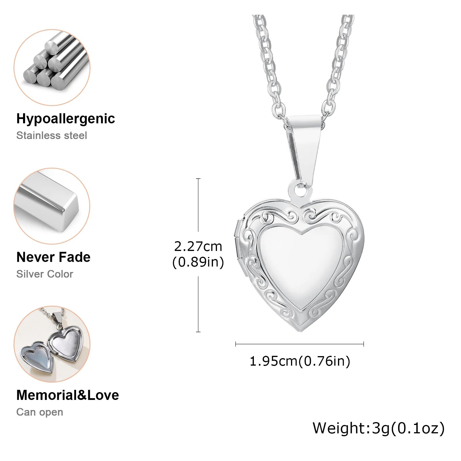 Silver Heart Locket Pendant Necklace for Women – Openable Memory Photo Charm | Stainless Steel Chain