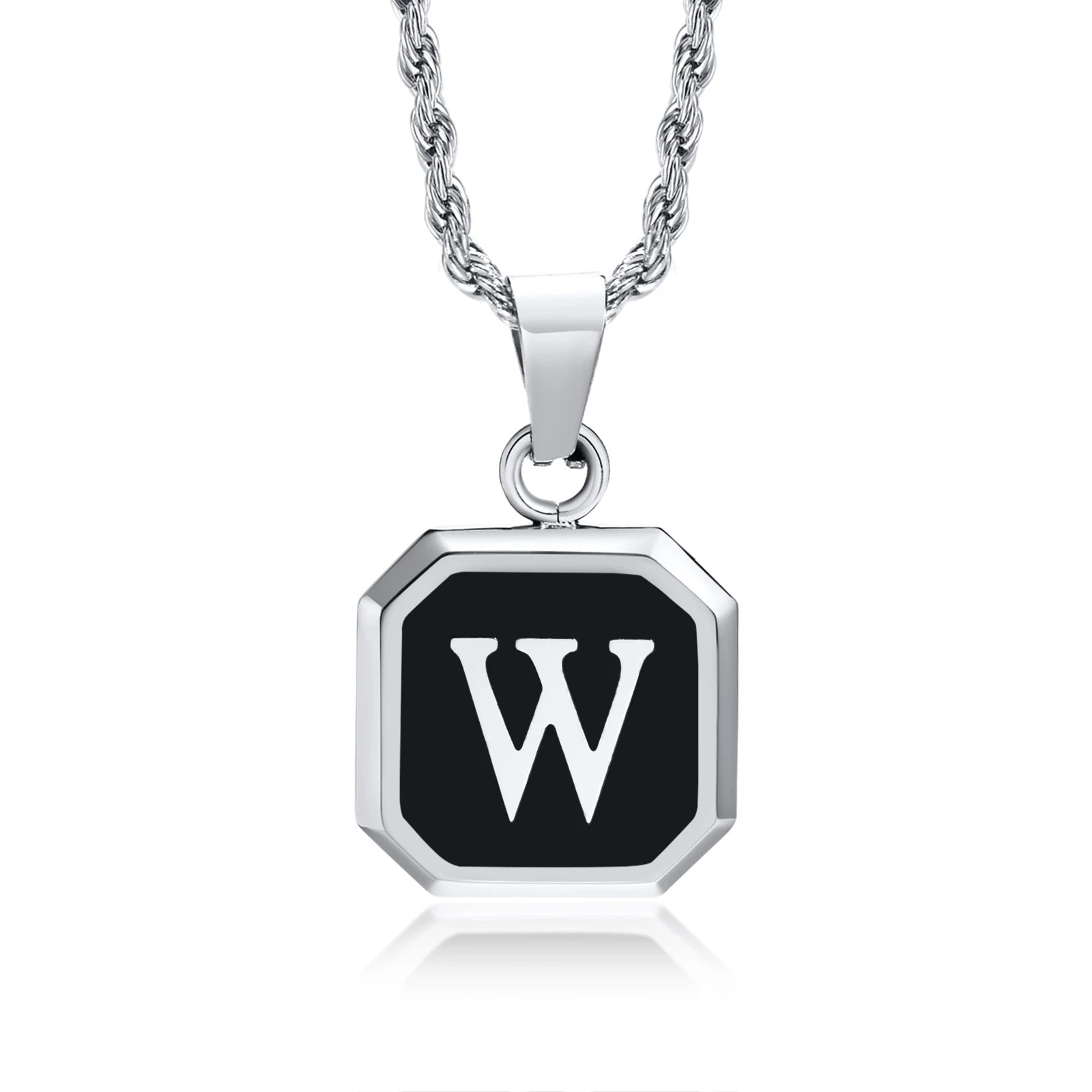 Black Initial Letter Pendant Necklace – A-Z Stainless Steel Square Pendant with Rope Chain