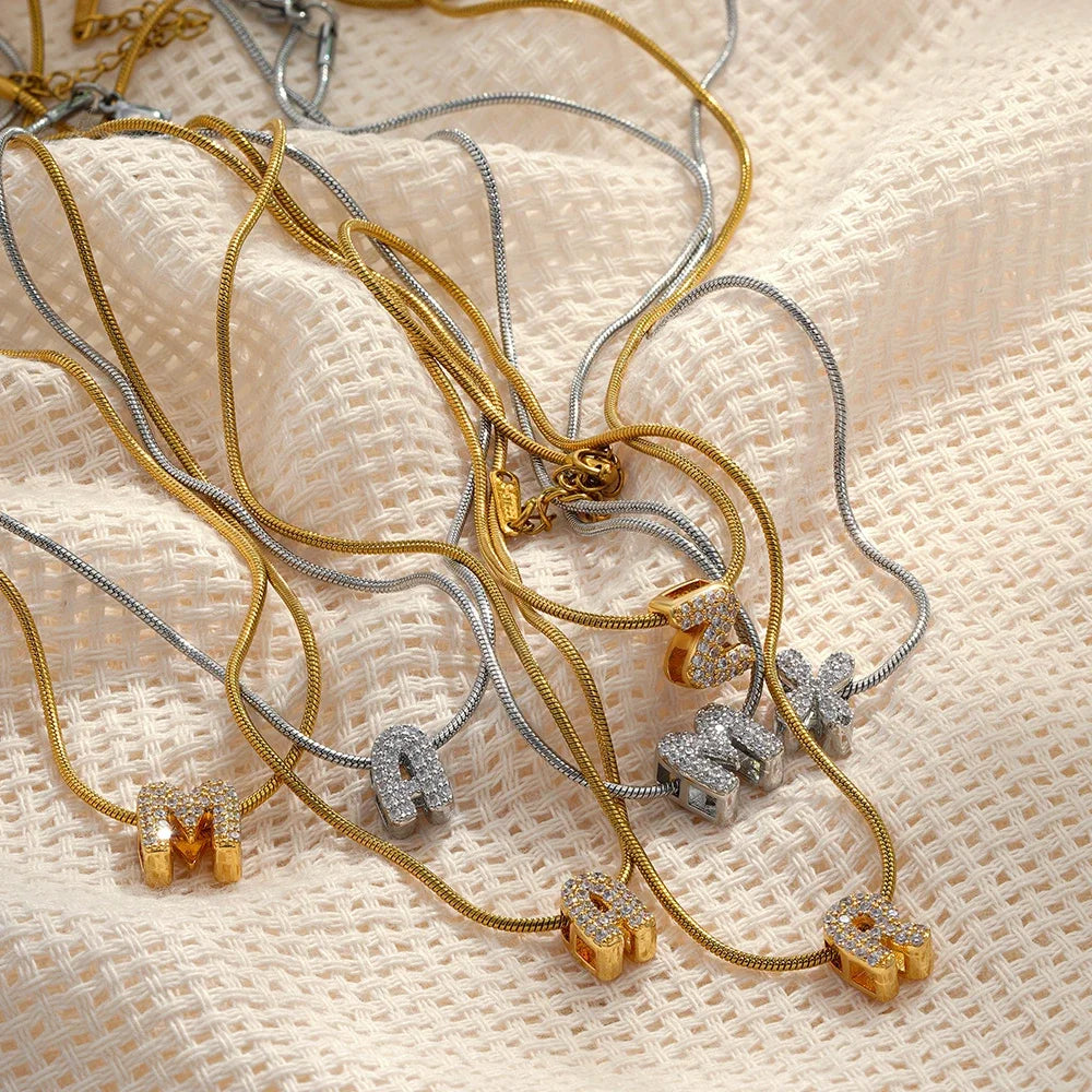 Gold-Plated Initial Alphabet Pendant Necklace for Women – CZ Zircon Letter A-Z Stainless Steel Chain