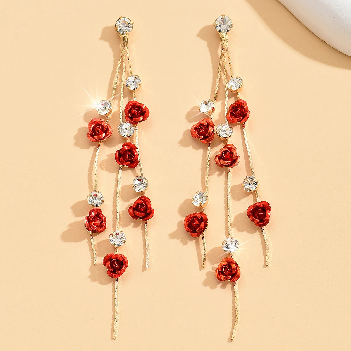 Retro Rose Long Drop Earrings for Women – Diamond Inlaid Romantic Daily Accessories (2PCS)