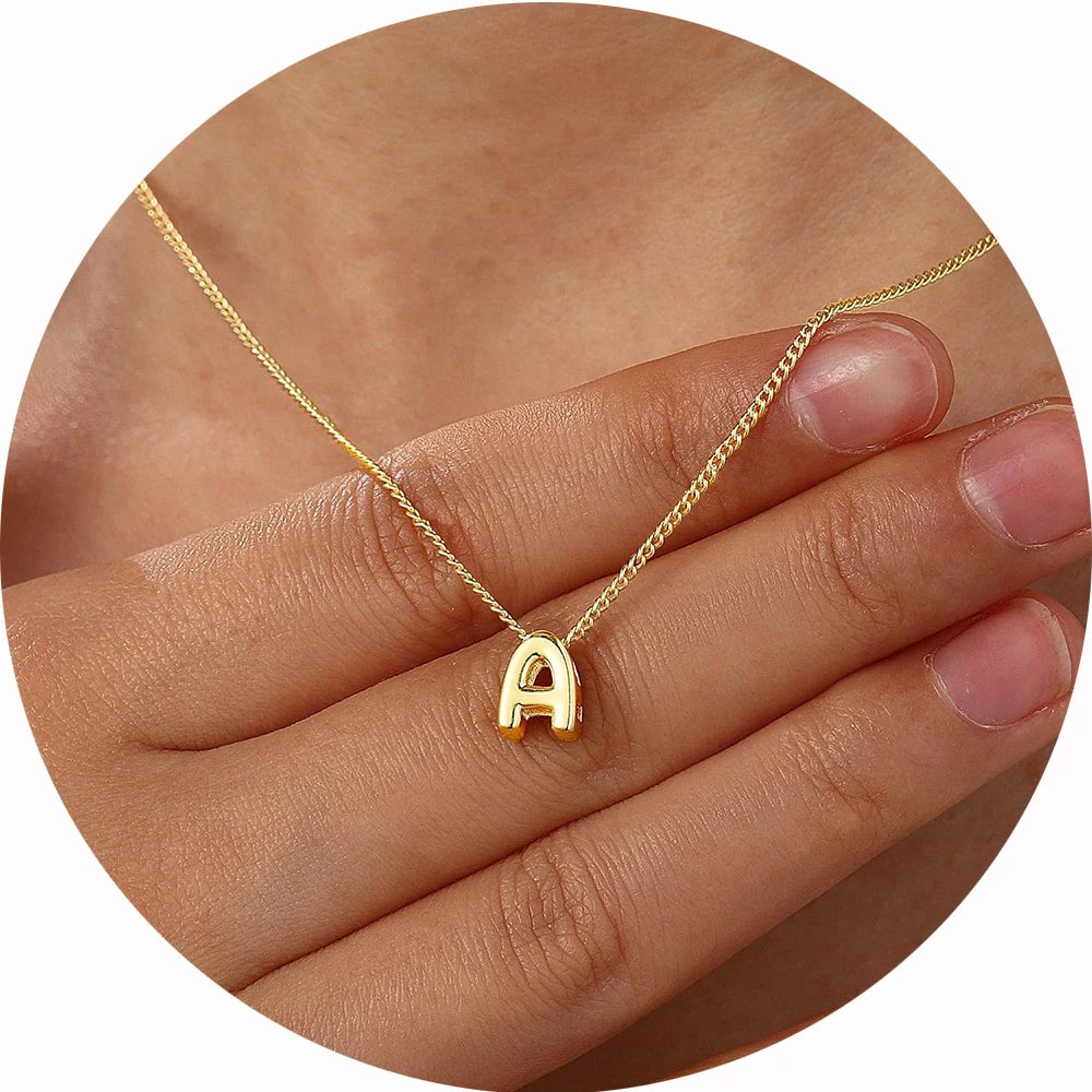 Gold-Plated Bubble Letter Necklace – Tiny A-Z Initial Pendant for Women & Teen Girls