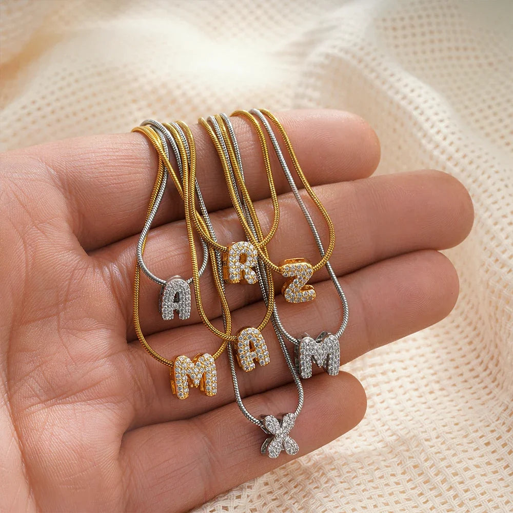 Gold-Plated Initial Alphabet Pendant Necklace for Women – CZ Zircon Letter A-Z Stainless Steel Chain