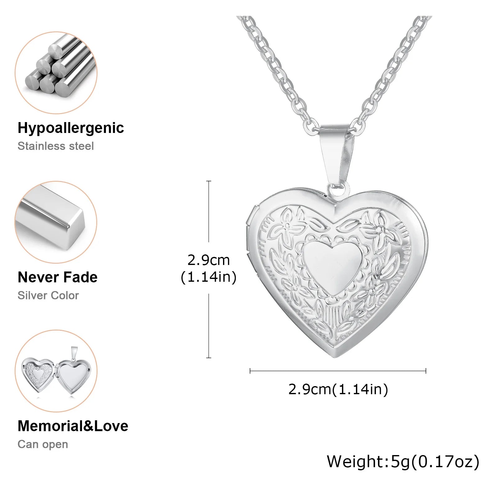 Silver Heart Locket Pendant Necklace for Women – Openable Memory Photo Charm | Stainless Steel Chain