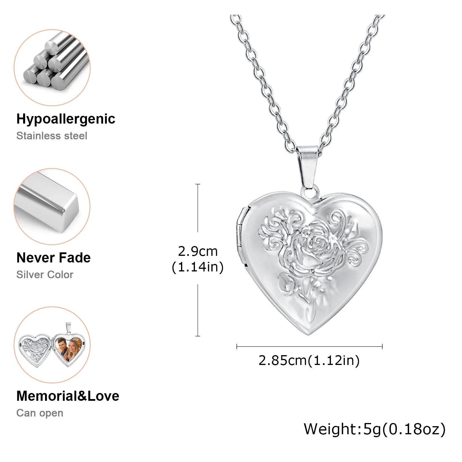 Silver Heart Locket Pendant Necklace for Women – Openable Memory Photo Charm | Stainless Steel Chain