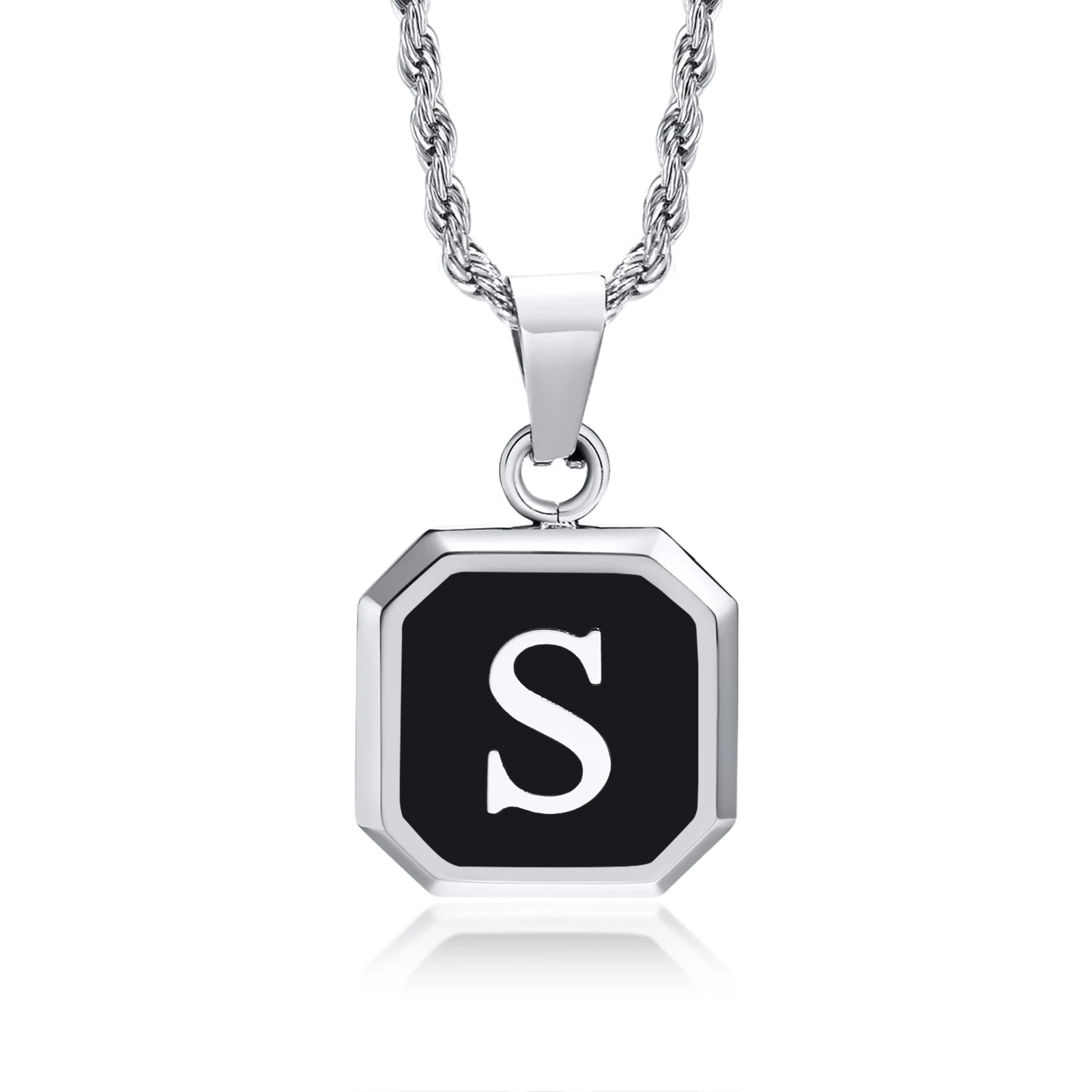 Black Initial Letter Pendant Necklace – A-Z Stainless Steel Square Pendant with Rope Chain