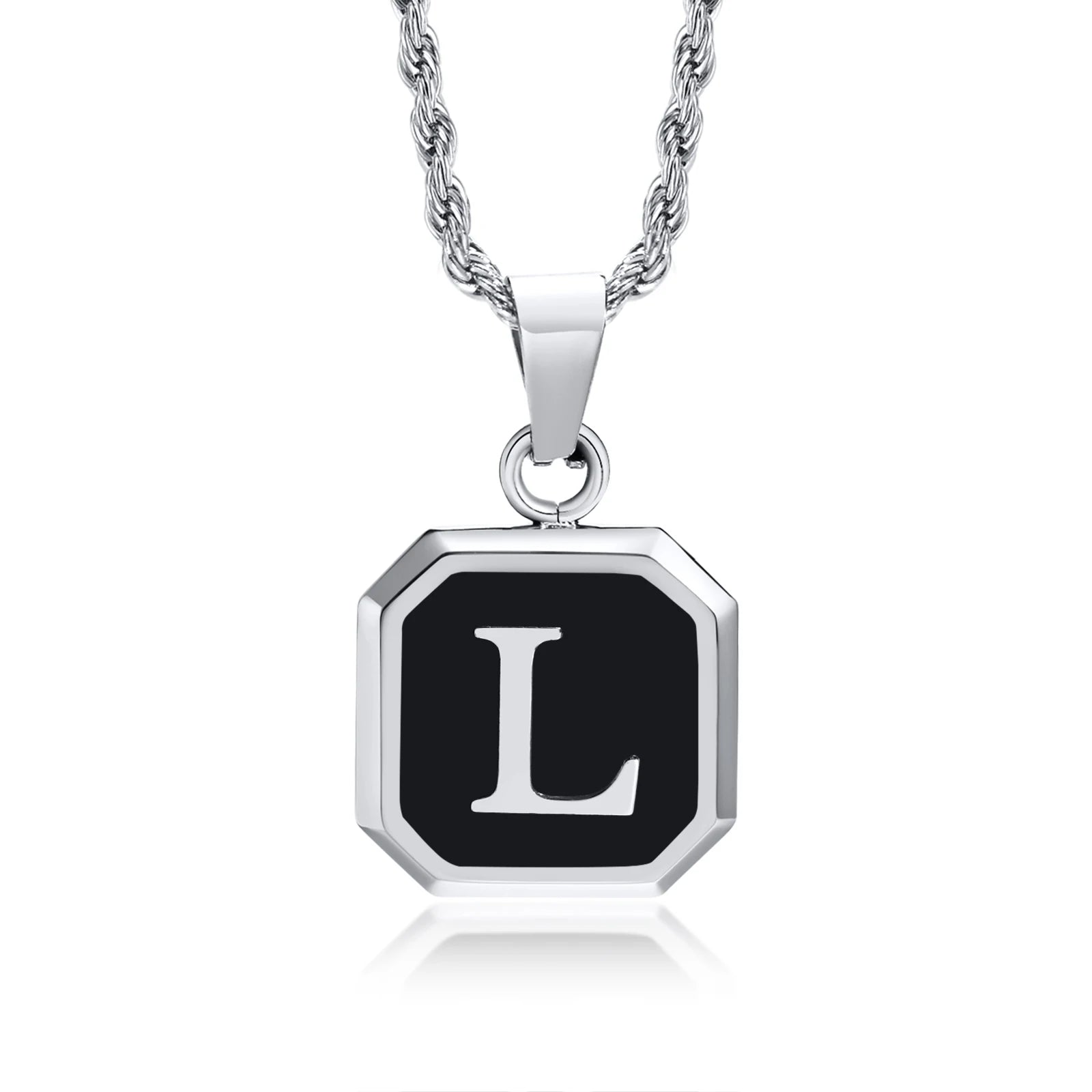 Black Initial Letter Pendant Necklace – A-Z Stainless Steel Square Pendant with Rope Chain