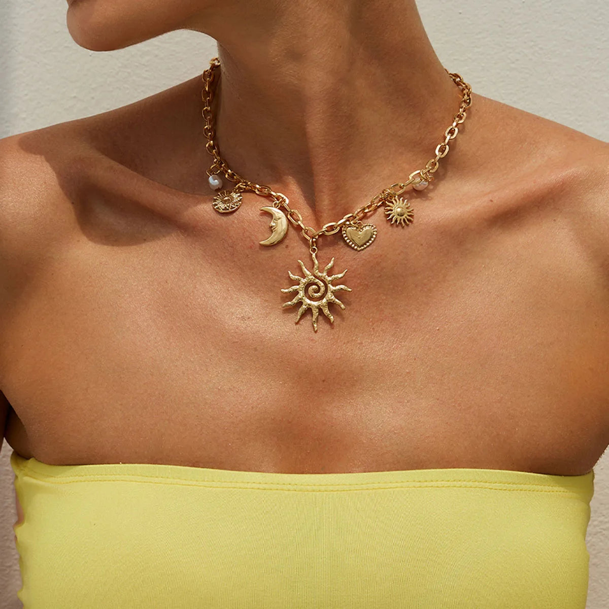 Vintage Sun & Moon Heart Pendant Choker – Elegant Pearl Layered Necklace for Women 2025