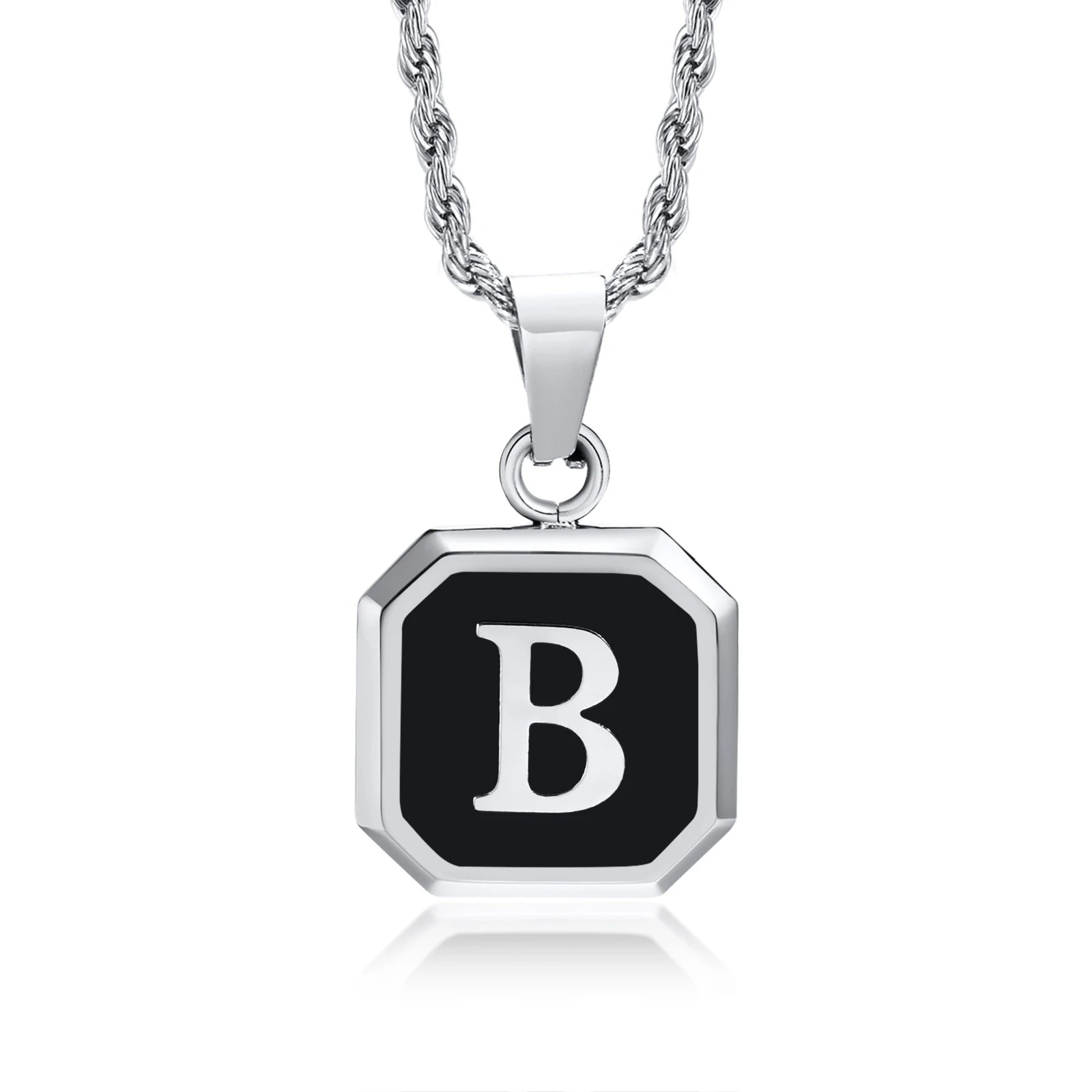 Black Initial Letter Pendant Necklace – A-Z Stainless Steel Square Pendant with Rope Chain