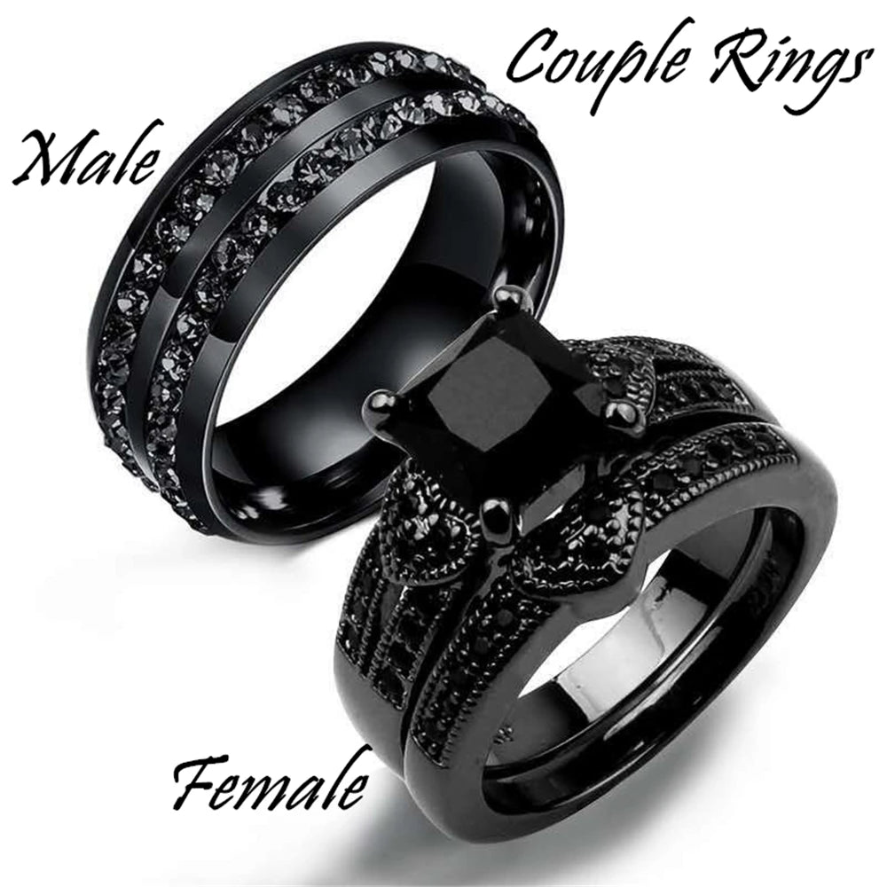 Black Zircon Couple Ring Set – Stainless Steel Men's Band & Heart Women’s Wedding Jewelry