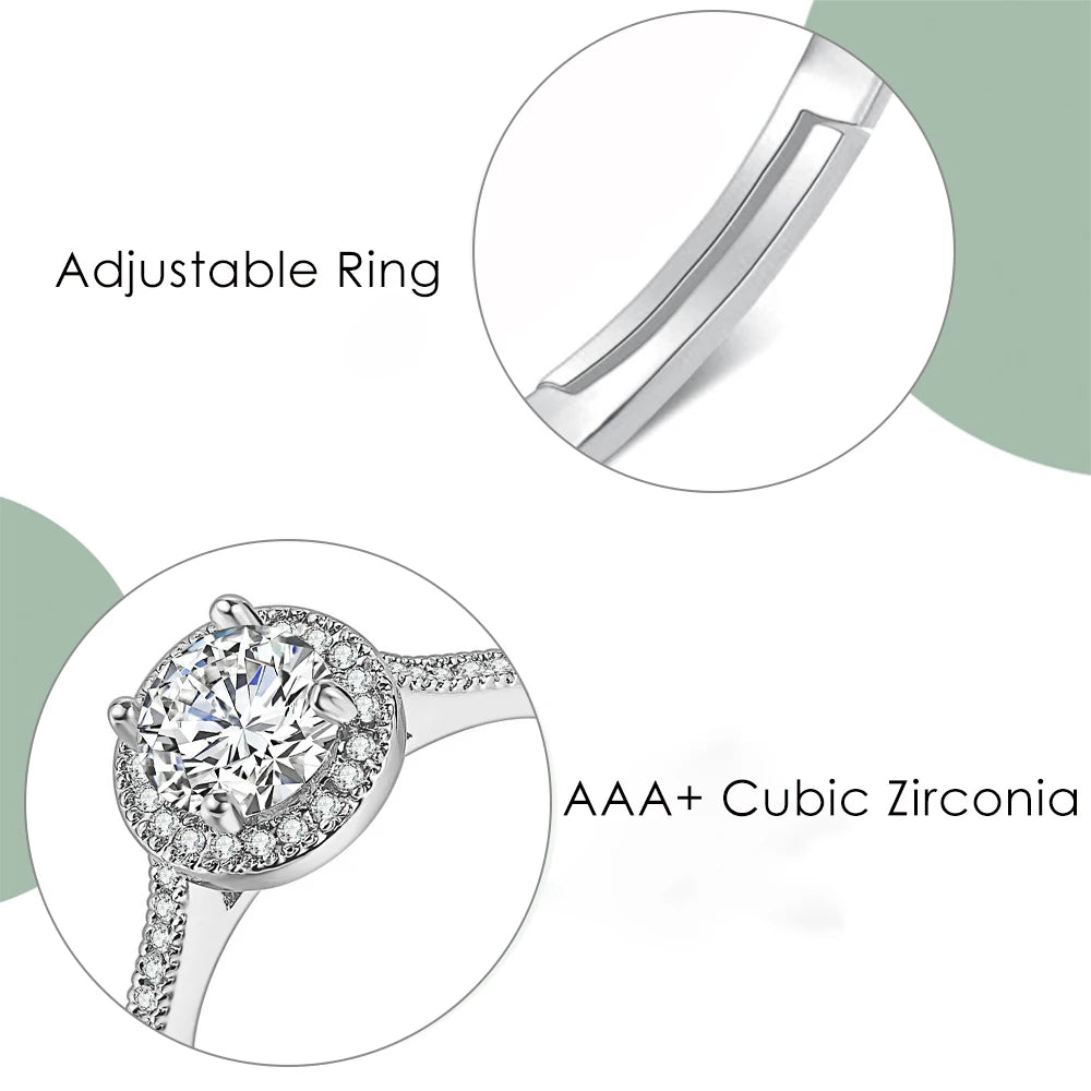 Adjustable Solitaire Ring for Women – Classic Zircon Engagement Wedding Band, Silver Color