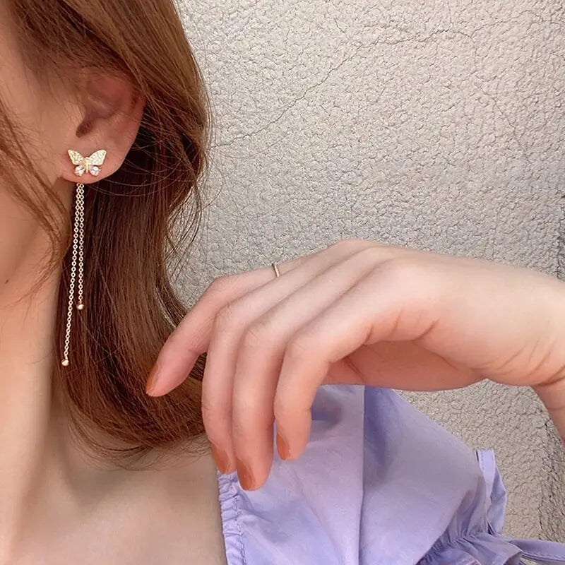 Women’s Butterfly Tassel Drop Earrings – Rhinestone Two-Way Wear Romantic Jewelry