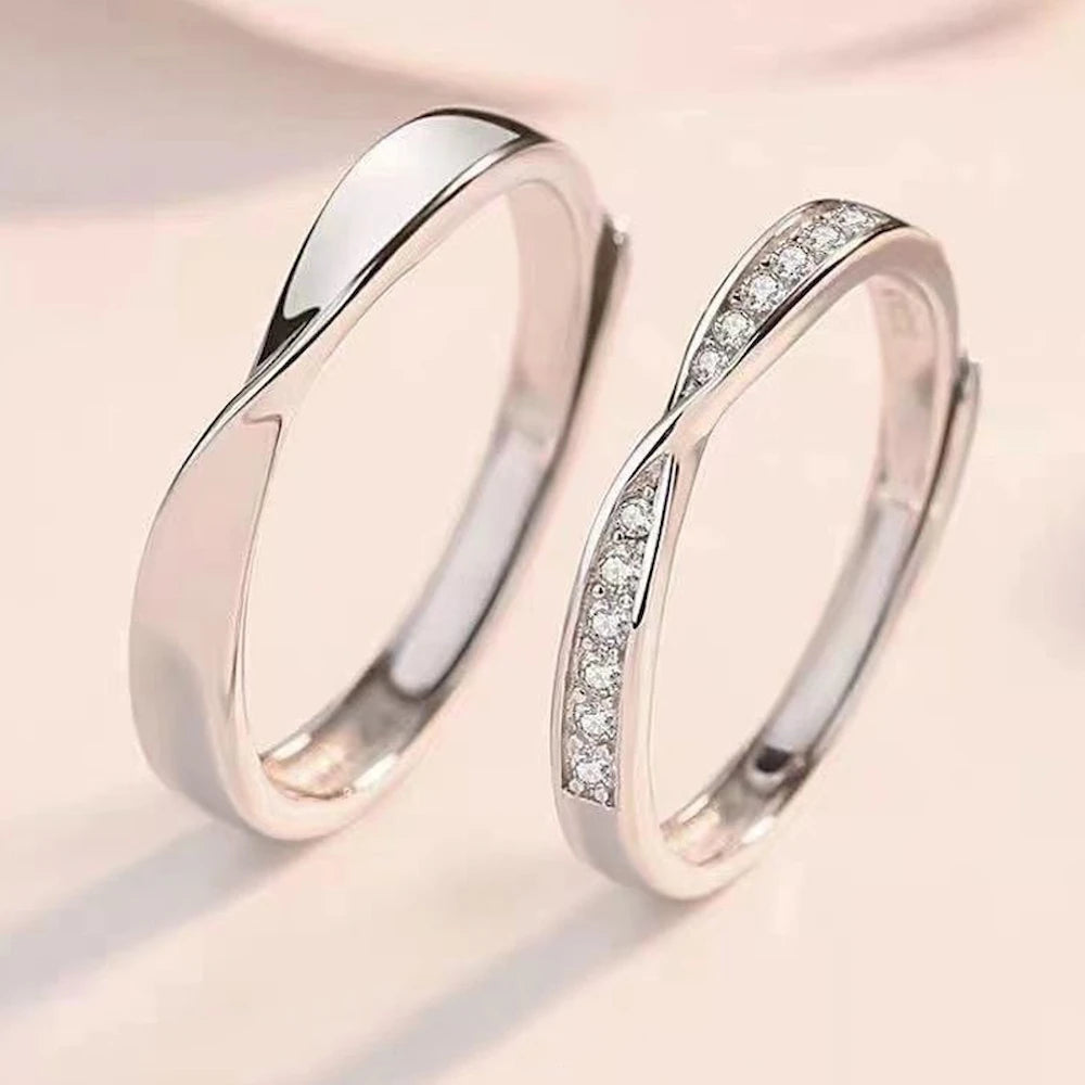 Adjustable Couple Rings for Men & Women – Twist Platinum-Plated Matching Overlap Bands