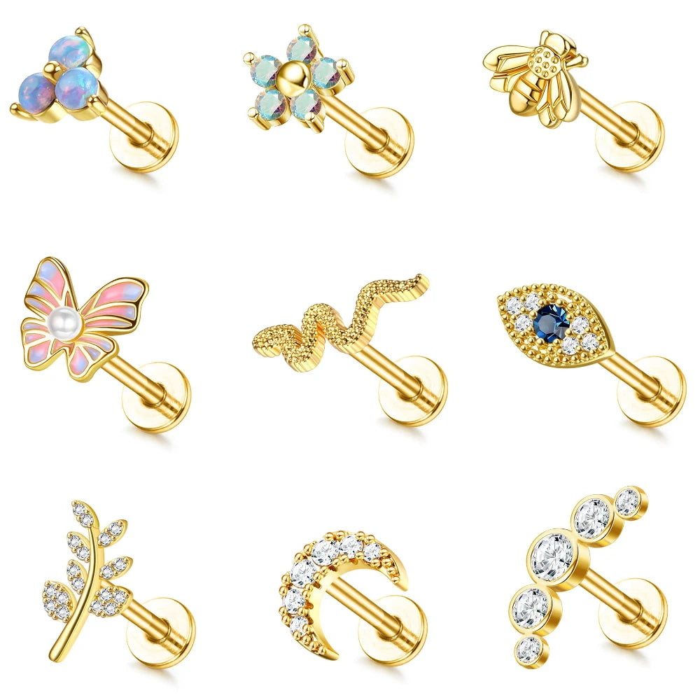 16G Stainless Steel Cartilage Stud Earring for Women – Butterfly/Moon/Flower Helix Tragus Piercing