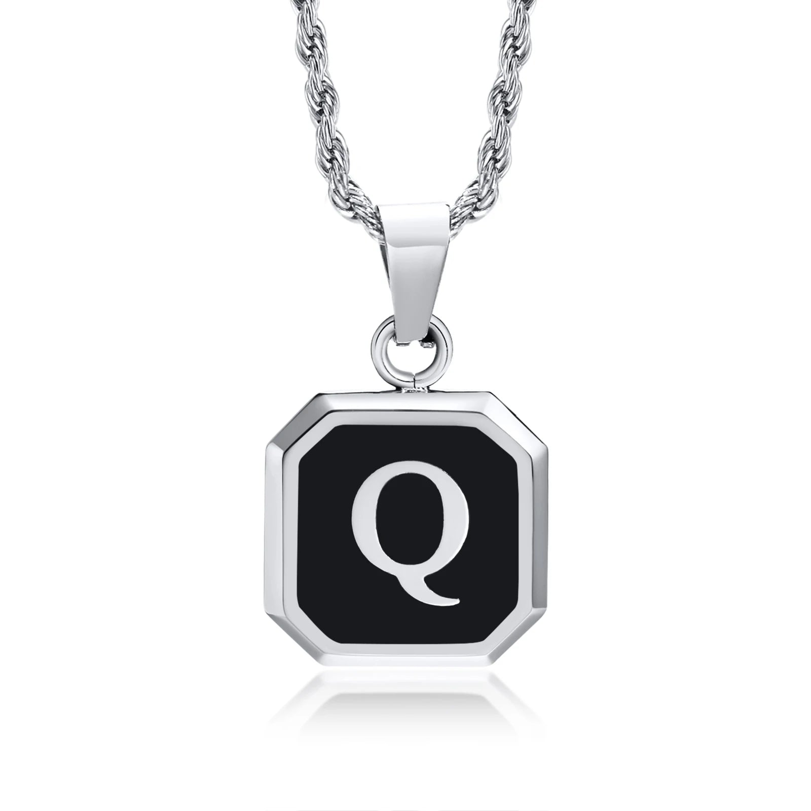 Black Initial Letter Pendant Necklace – A-Z Stainless Steel Square Pendant with Rope Chain
