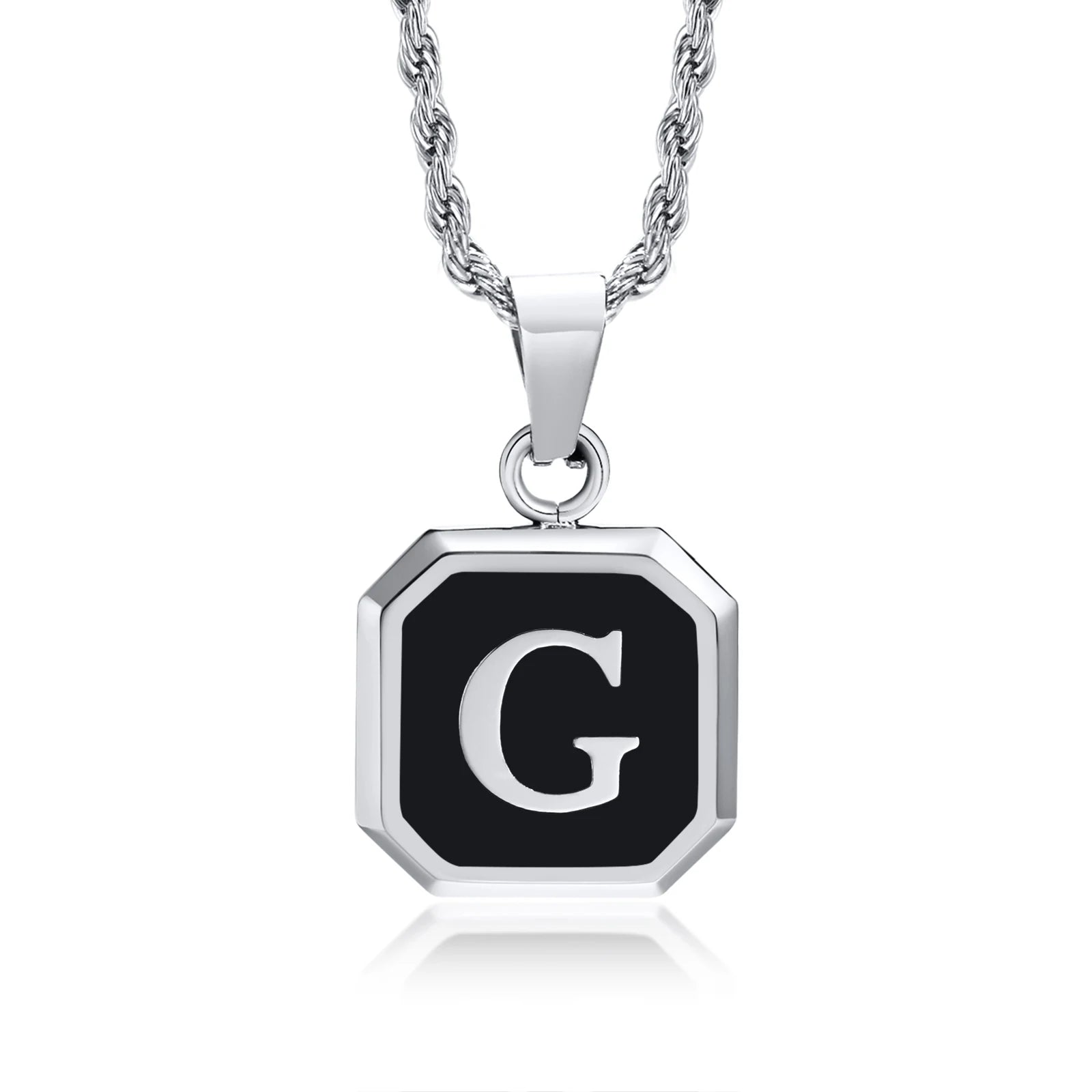 Black Initial Letter Pendant Necklace – A-Z Stainless Steel Square Pendant with Rope Chain