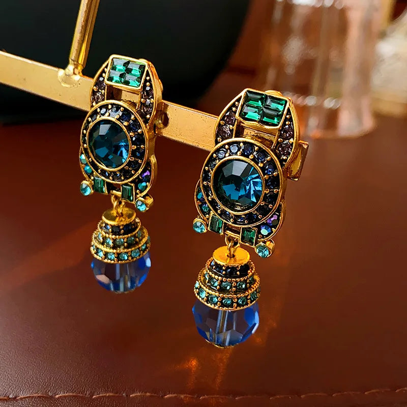 Luxury Rhinestone Blue Crystal Clip Earrings for Women – Vintage Sparkle Charm Jewelry
