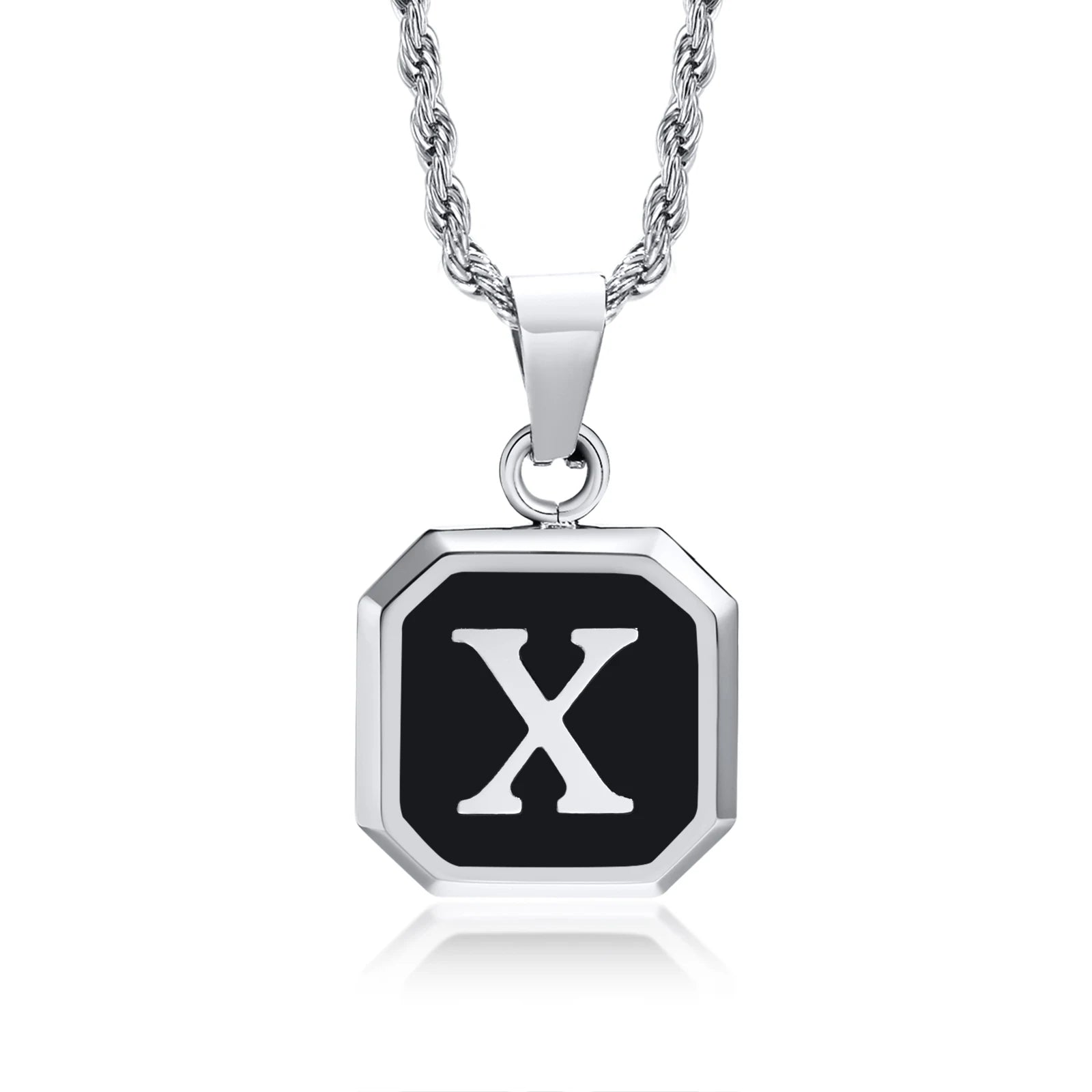 Black Initial Letter Pendant Necklace – A-Z Stainless Steel Square Pendant with Rope Chain