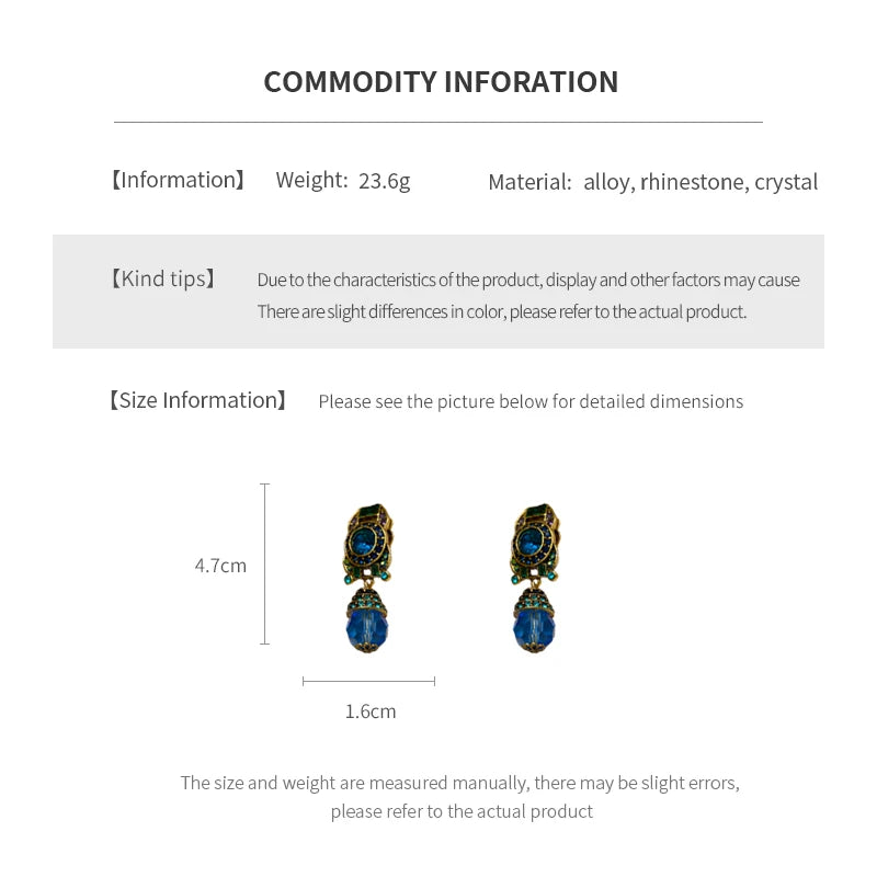 Luxury Rhinestone Blue Crystal Clip Earrings for Women – Vintage Sparkle Charm Jewelry