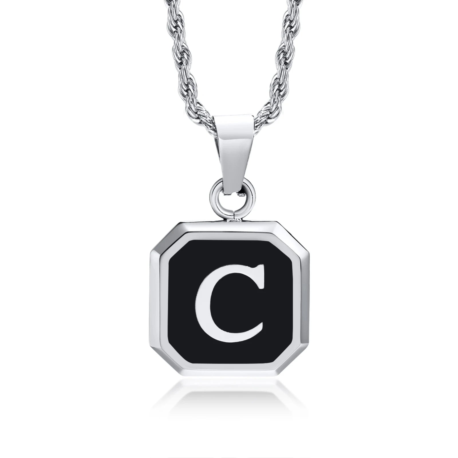Black Initial Letter Pendant Necklace – A-Z Stainless Steel Square Pendant with Rope Chain