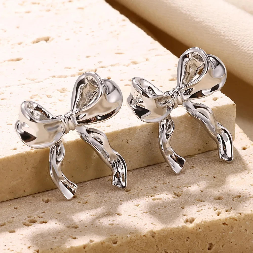 Vintage Bowknot Stainless Steel Earrings for Women – Gold Plated Elegant Jewelry