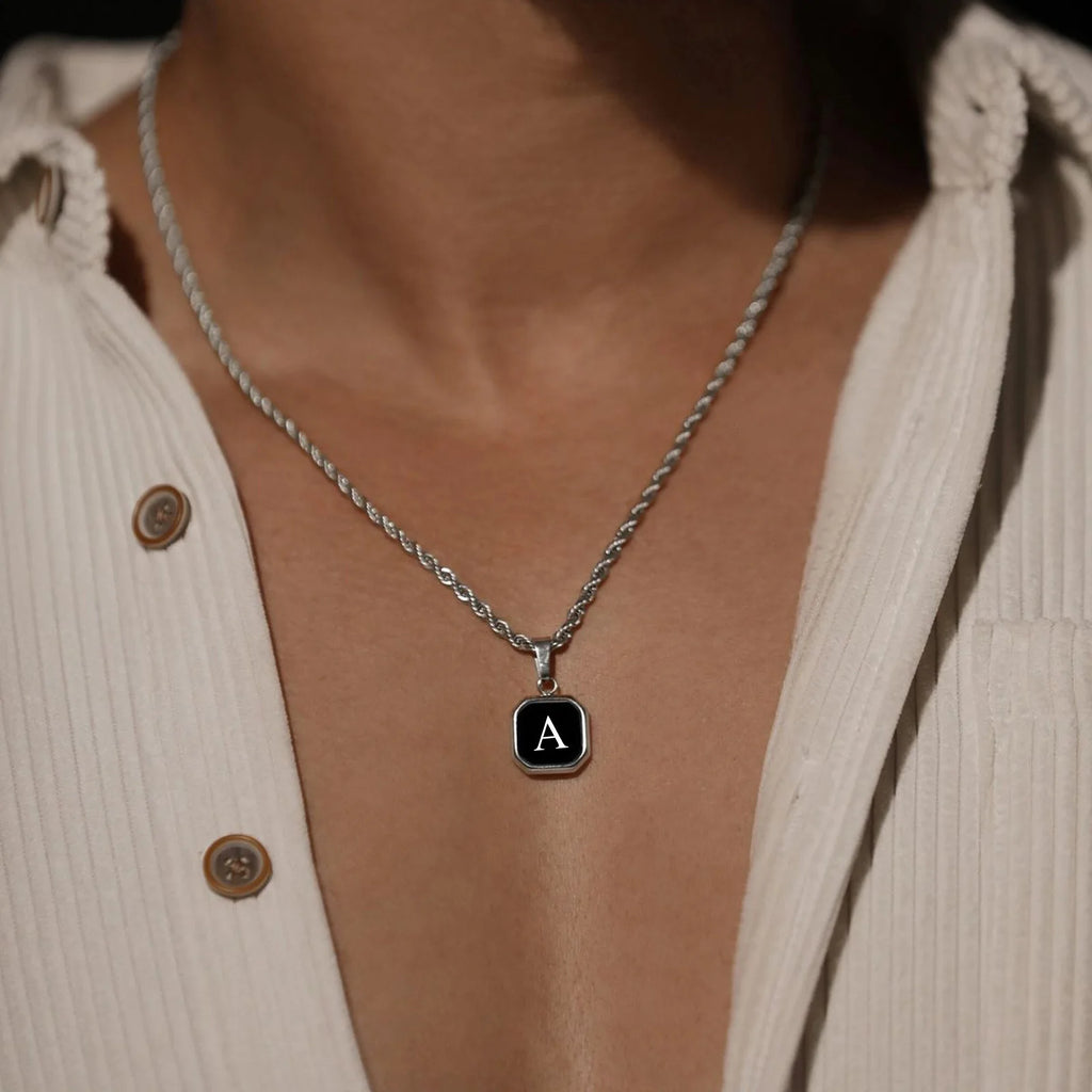 Black Initial Letter Pendant Necklace – A-Z Stainless Steel Square Pendant with Rope Chain