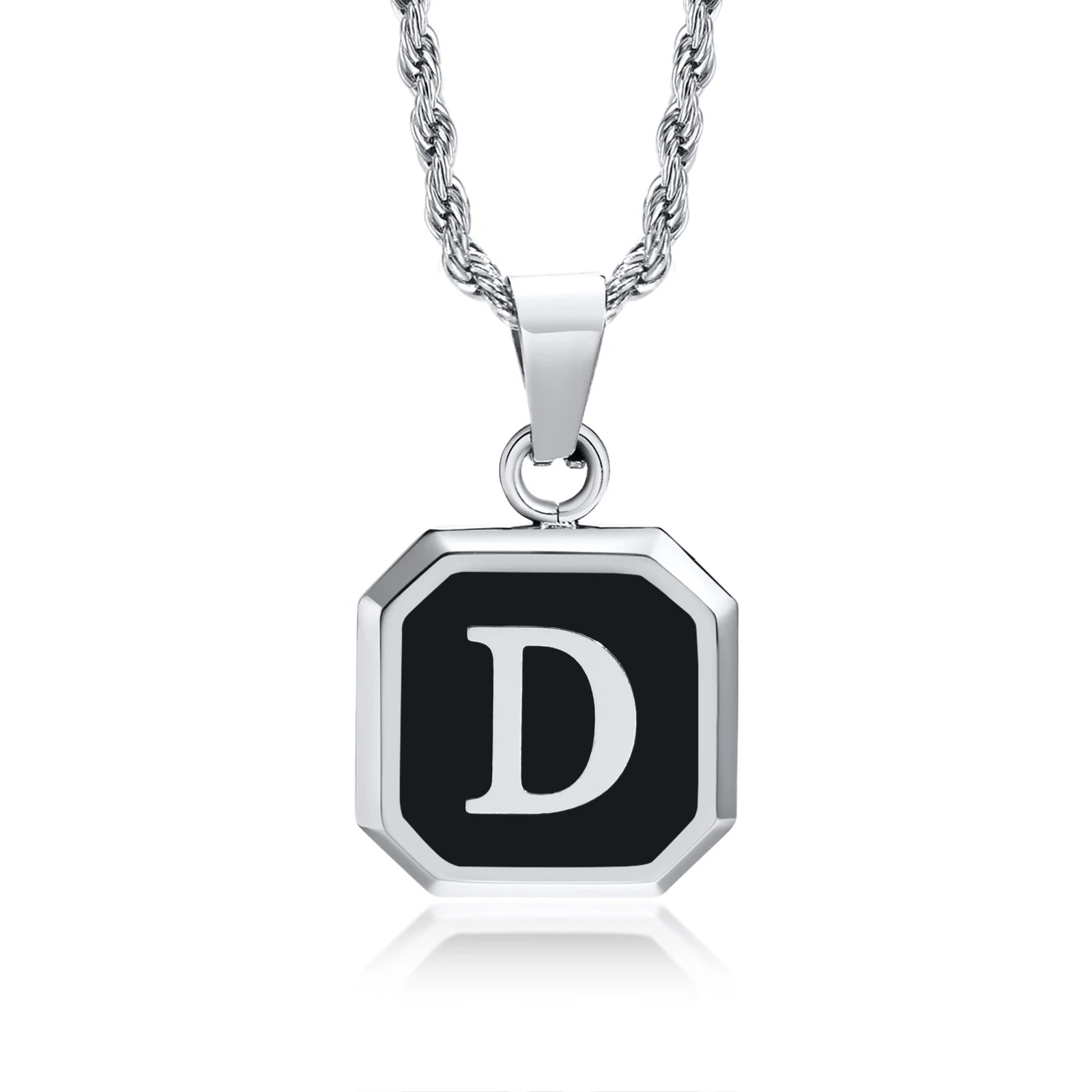 Black Initial Letter Pendant Necklace – A-Z Stainless Steel Square Pendant with Rope Chain