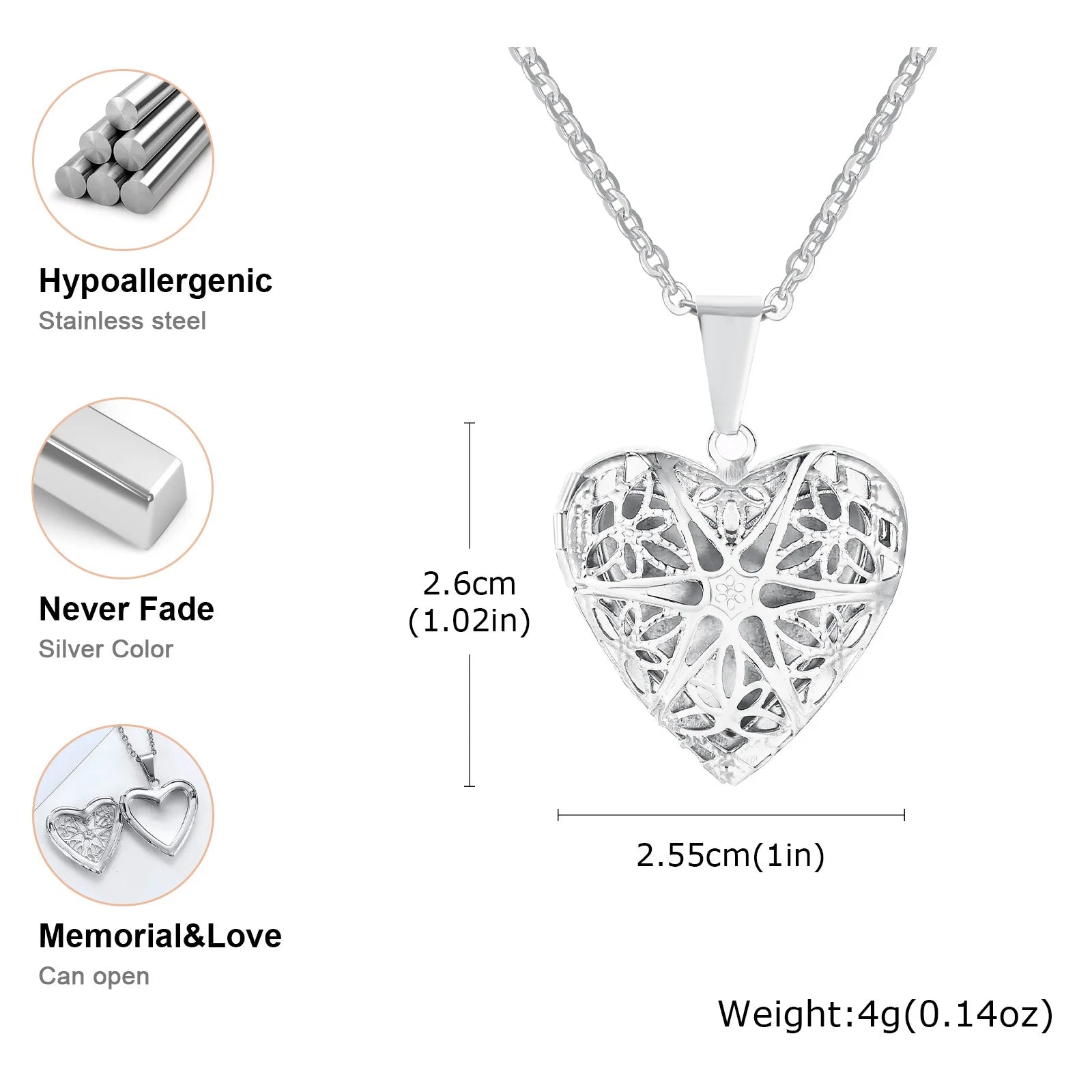 Silver Heart Locket Pendant Necklace for Women – Openable Memory Photo Charm | Stainless Steel Chain