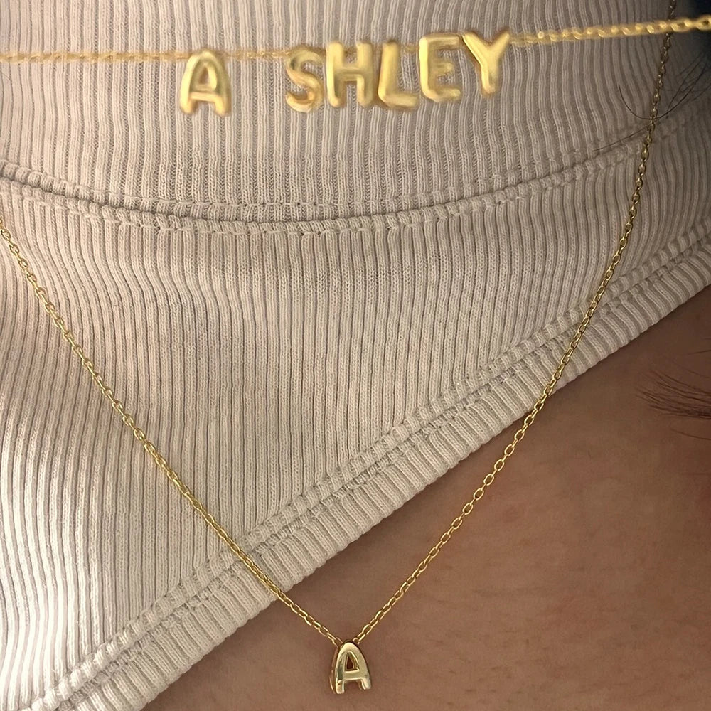 Gold-Plated Bubble Letter Necklace – Tiny A-Z Initial Pendant for Women & Teen Girls