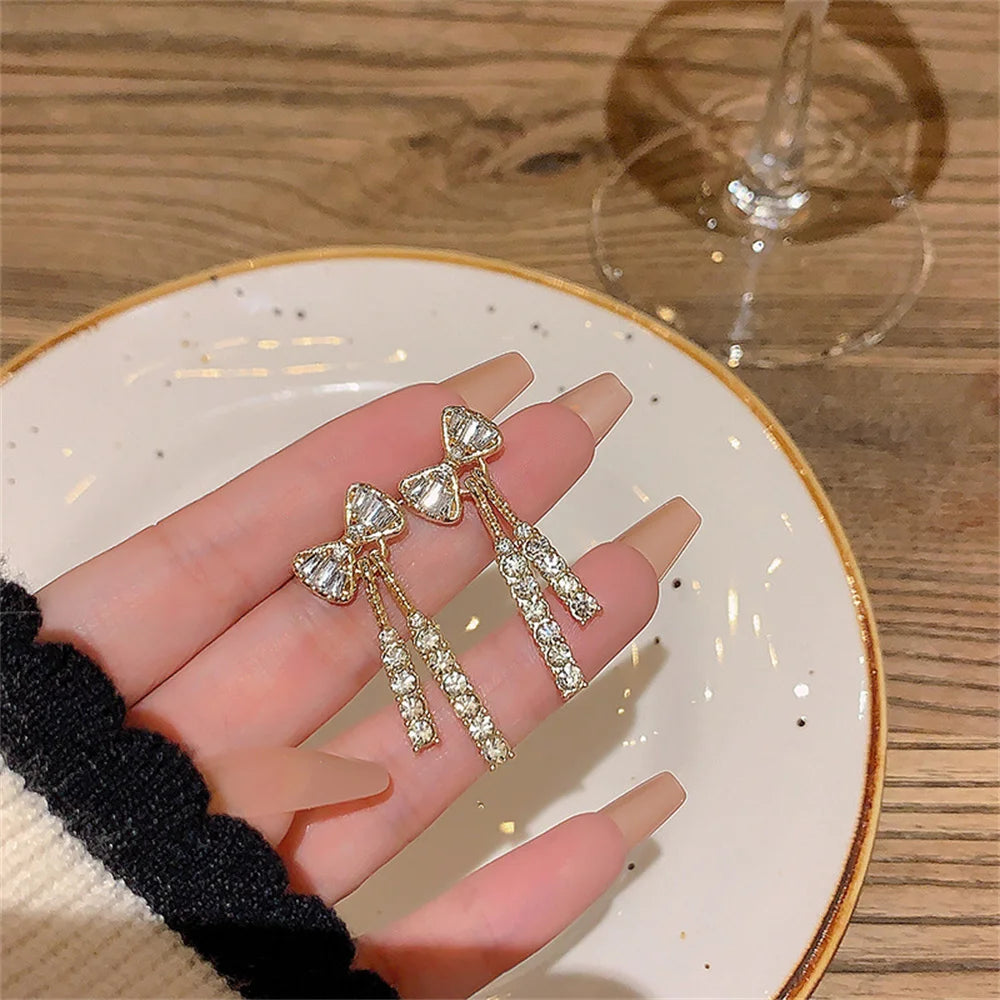 Crystal Acrylic Bow Tassel Earrings for Women – Fashion Zircon Party Jewelry Gift