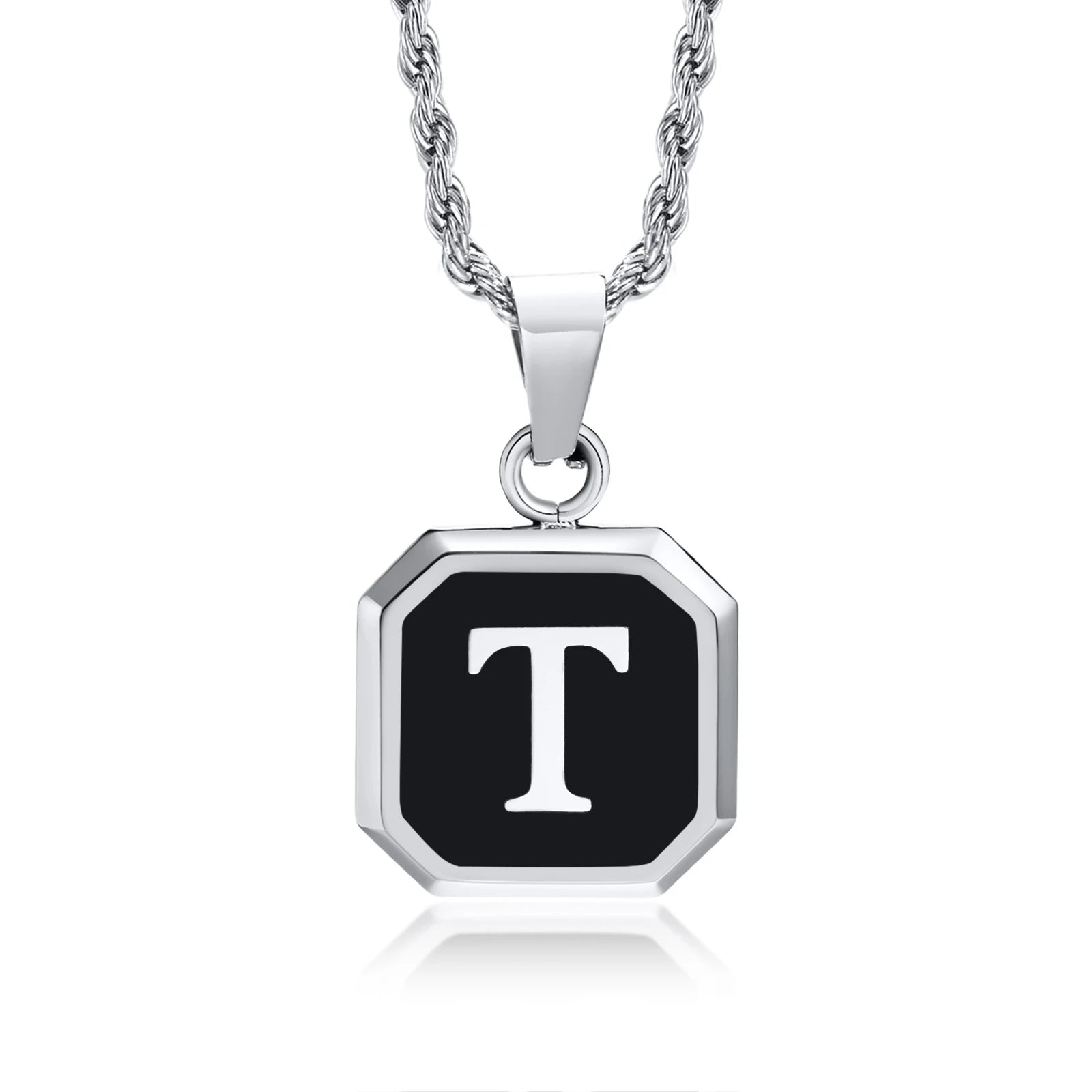 Black Initial Letter Pendant Necklace – A-Z Stainless Steel Square Pendant with Rope Chain