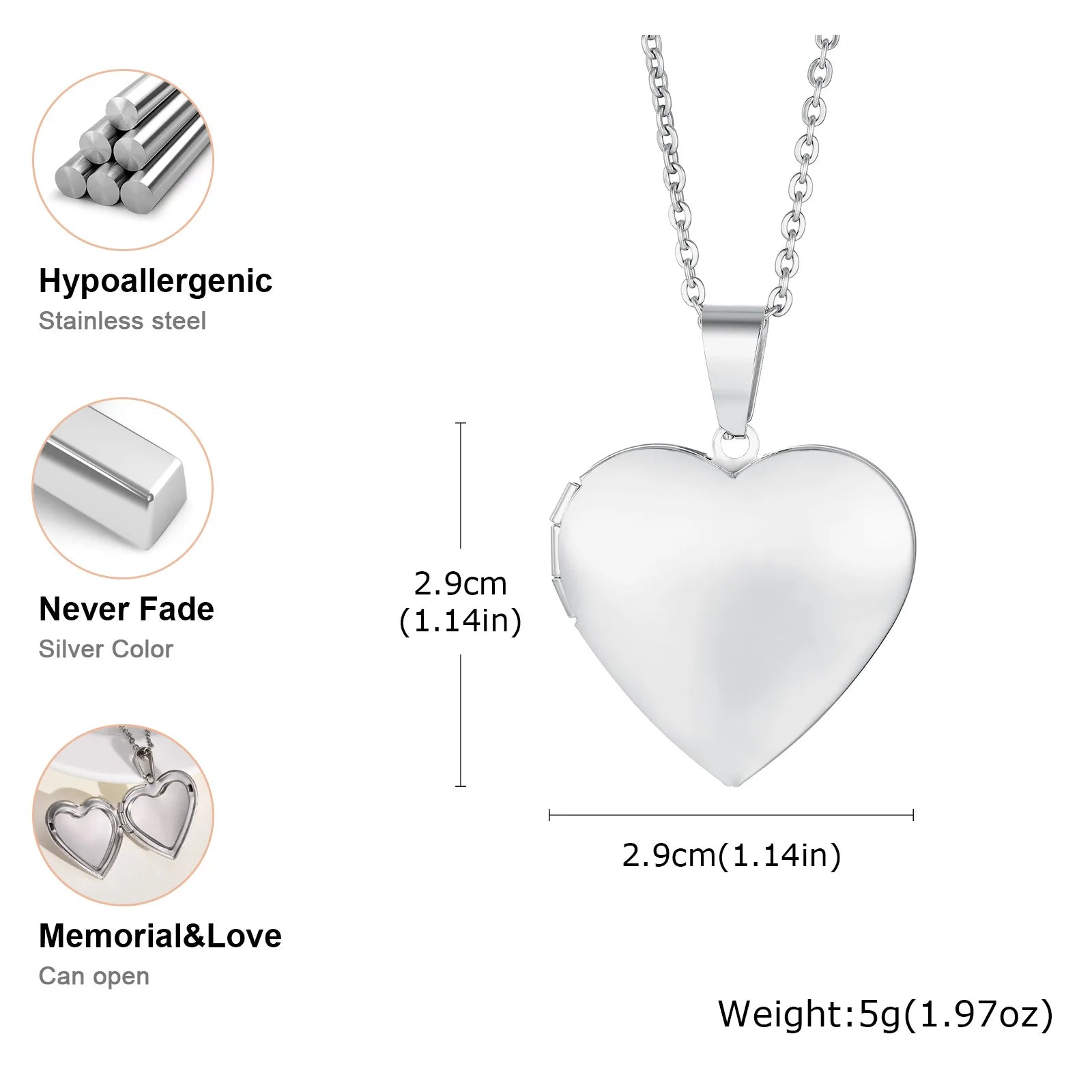 Silver Heart Locket Pendant Necklace for Women – Openable Memory Photo Charm | Stainless Steel Chain