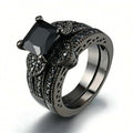 Black Zircon Couple Ring Set – Stainless Steel Men's Band & Heart Women’s Wedding Jewelry