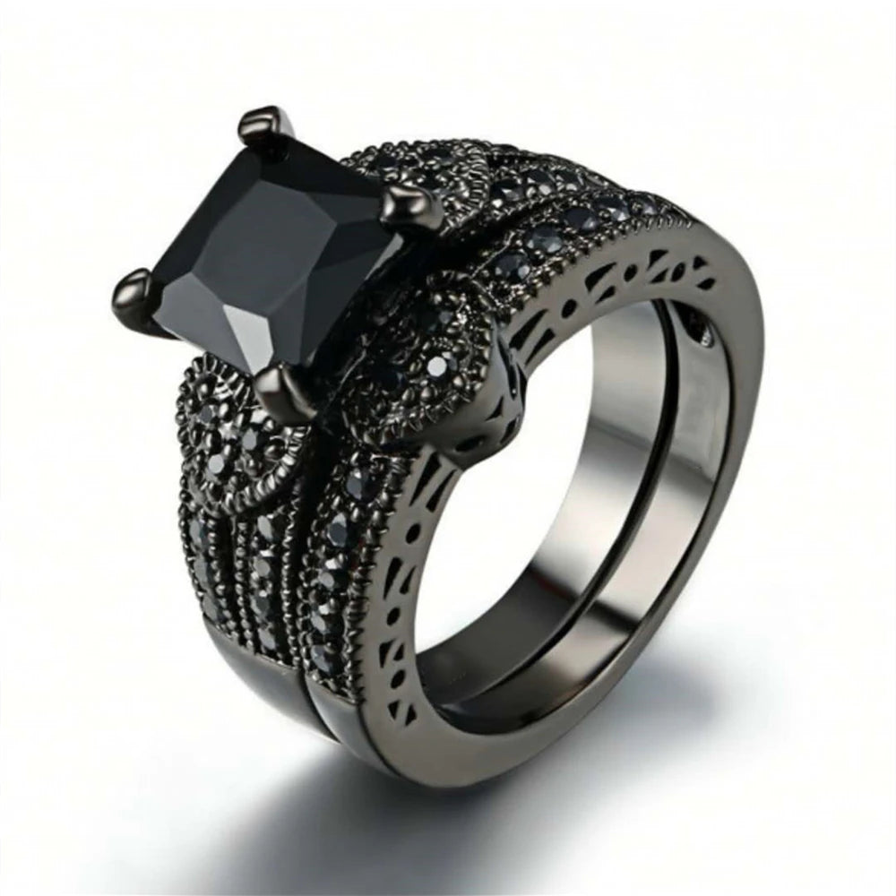 Black Zircon Couple Ring Set – Stainless Steel Men's Band & Heart Women’s Wedding Jewelry