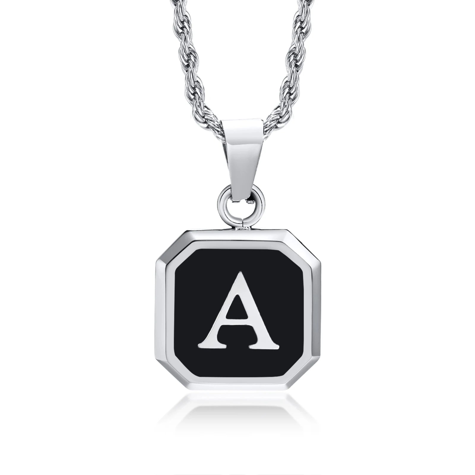 Black Initial Letter Pendant Necklace – A-Z Stainless Steel Square Pendant with Rope Chain