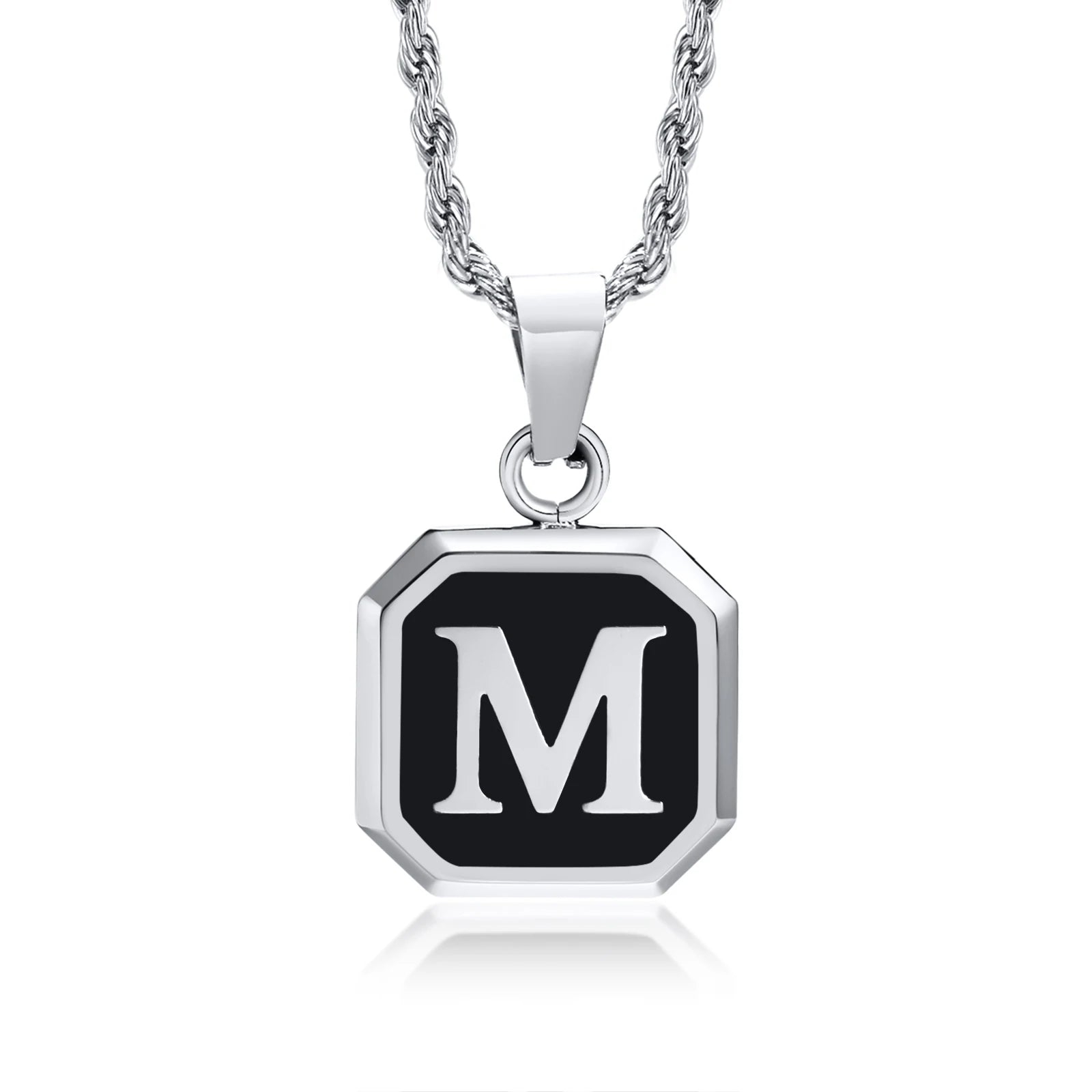Black Initial Letter Pendant Necklace – A-Z Stainless Steel Square Pendant with Rope Chain