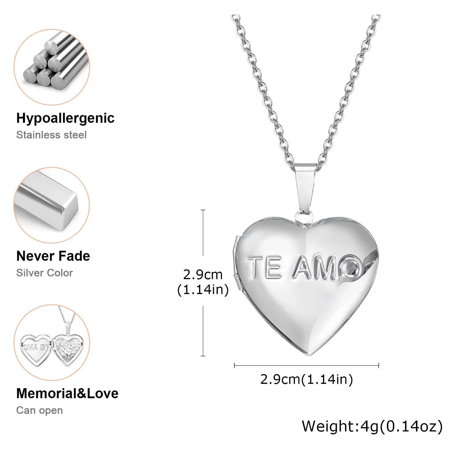 Silver Heart Locket Pendant Necklace for Women – Openable Memory Photo Charm | Stainless Steel Chain
