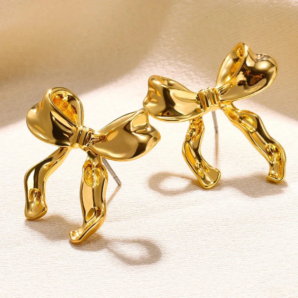 Vintage Bowknot Stainless Steel Earrings for Women – Gold Plated Elegant Jewelry