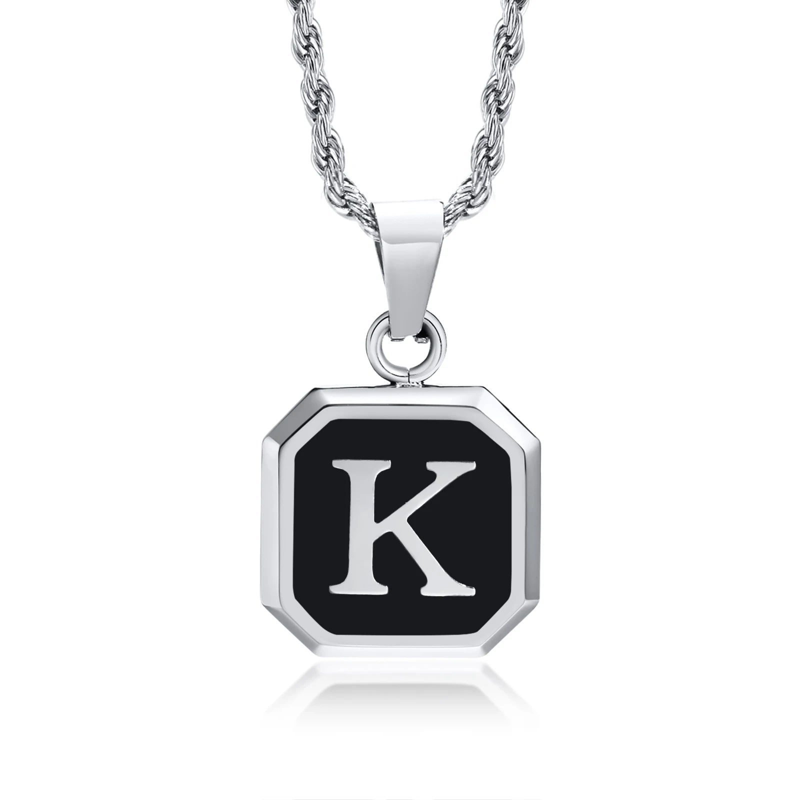 Black Initial Letter Pendant Necklace – A-Z Stainless Steel Square Pendant with Rope Chain