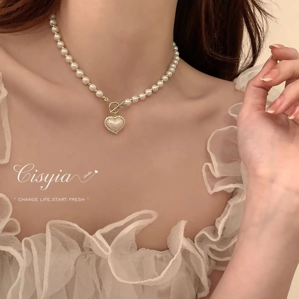 Elegant Heart Pearl Pendant Necklace for Women – Romantic Korean Style Chain, Gift Jewelry