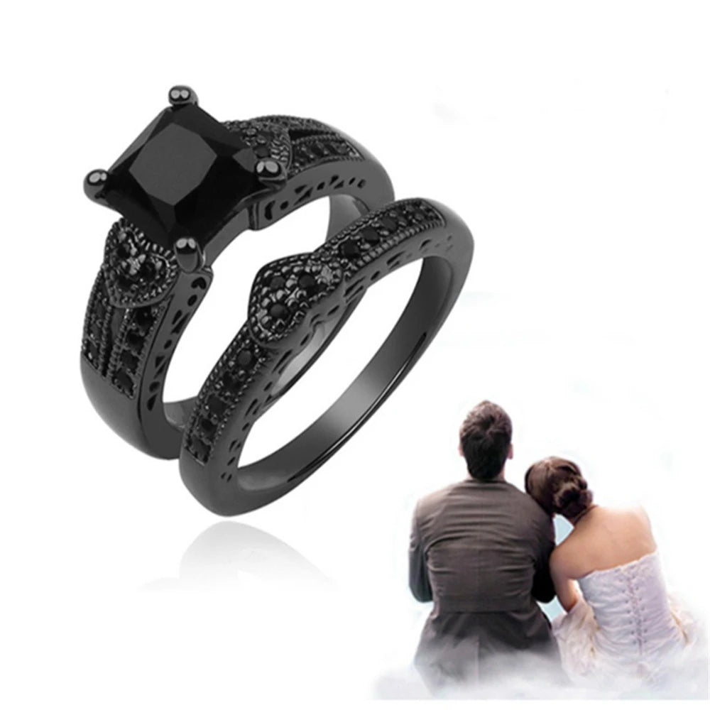 Black Zircon Couple Ring Set – Stainless Steel Men's Band & Heart Women’s Wedding Jewelry