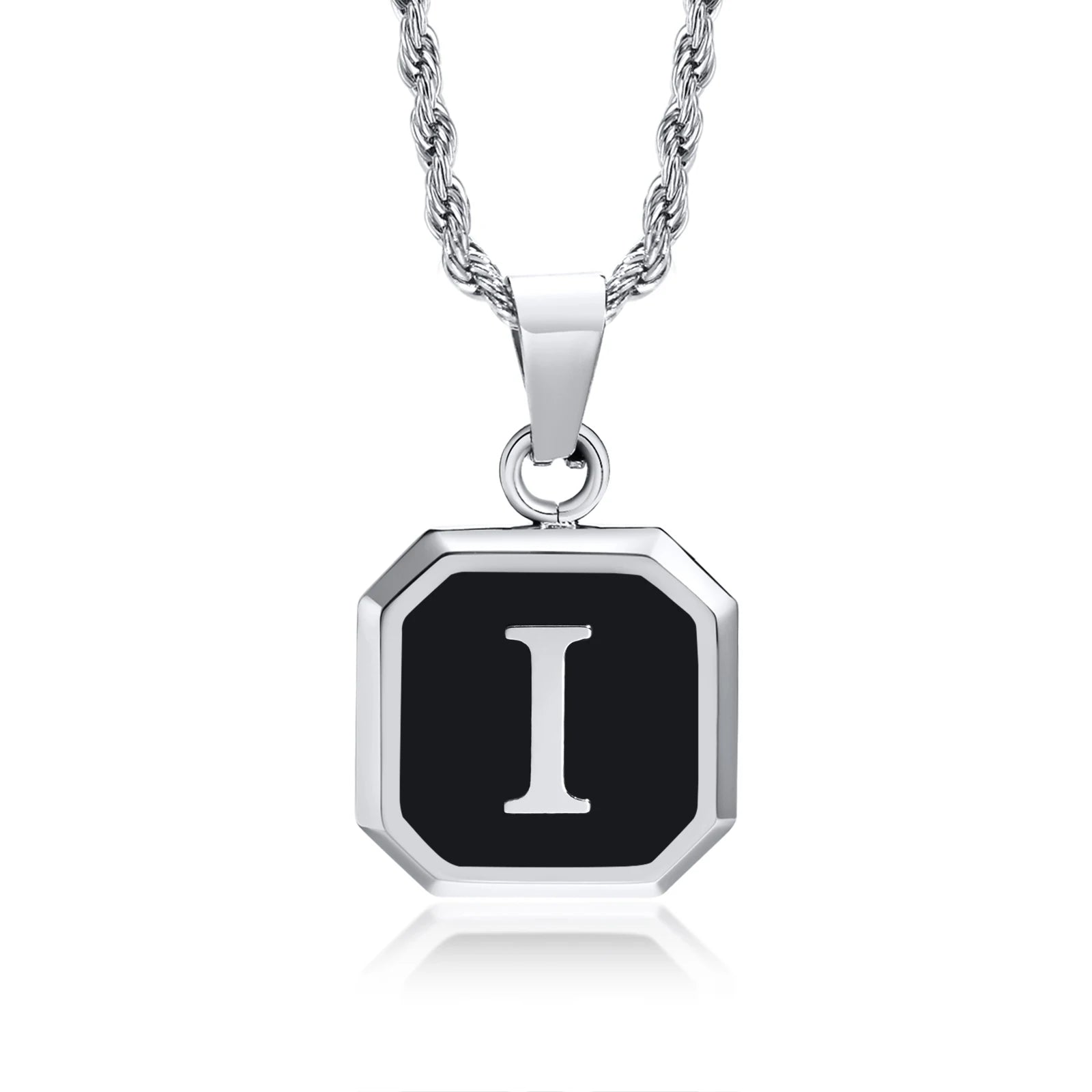 Black Initial Letter Pendant Necklace – A-Z Stainless Steel Square Pendant with Rope Chain