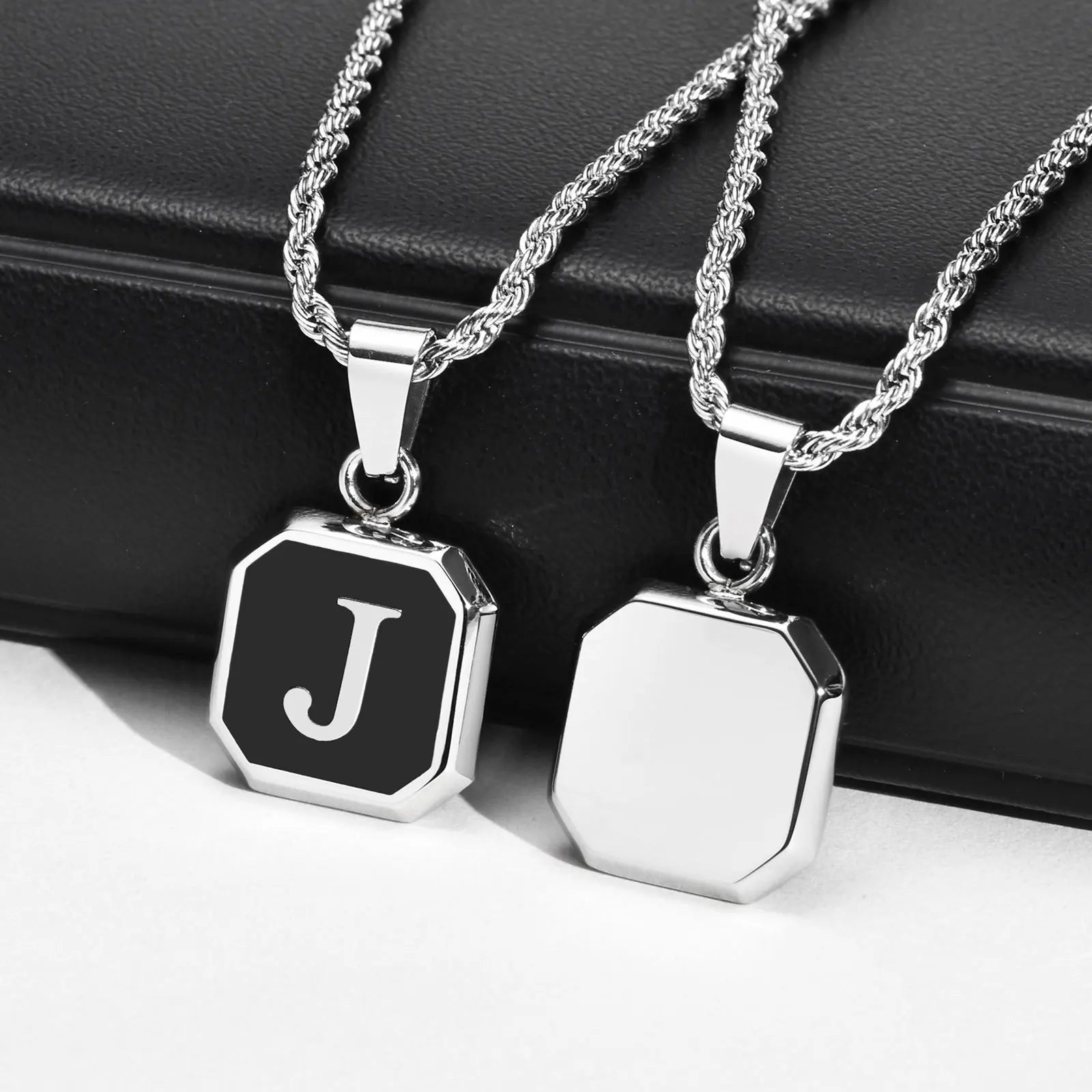 Black Initial Letter Pendant Necklace – A-Z Stainless Steel Square Pendant with Rope Chain