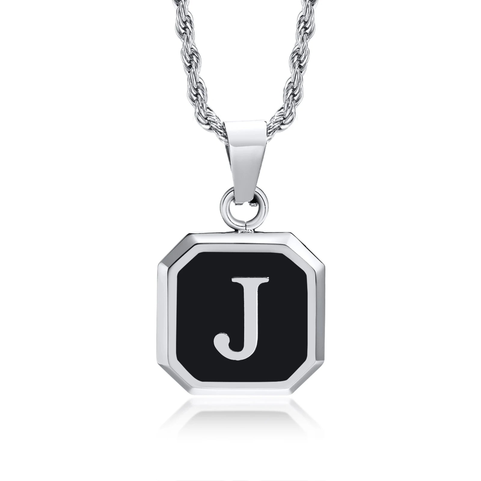 Black Initial Letter Pendant Necklace – A-Z Stainless Steel Square Pendant with Rope Chain