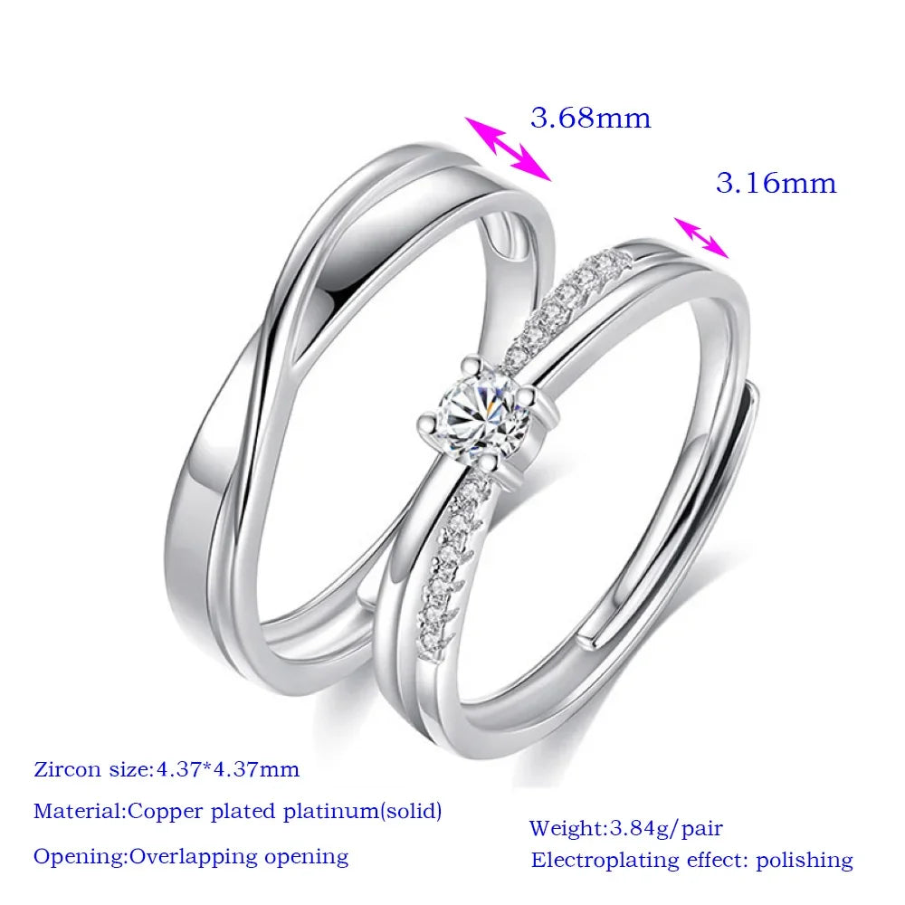 Adjustable Couple Rings for Men & Women – Twist Platinum-Plated Matching Overlap Bands
