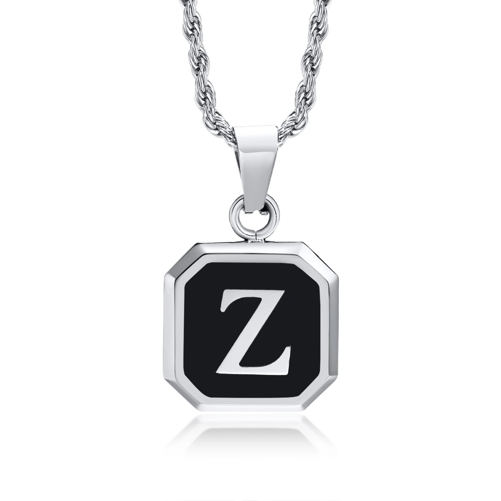 Black Initial Letter Pendant Necklace – A-Z Stainless Steel Square Pendant with Rope Chain